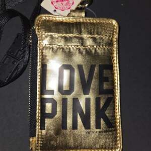 Victorias Secret Lanyard Id Holder Zipped Wallet Case Gold